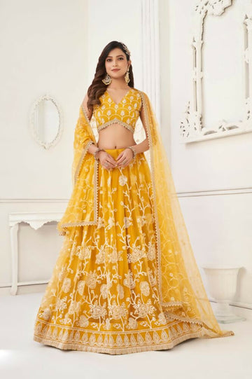 Aastha Fashion Mustard Yellow Butterfly Net White Cotton Thread Work And Sequence Work Embroidery Wedding Wear Lehenga Choli - Distacart