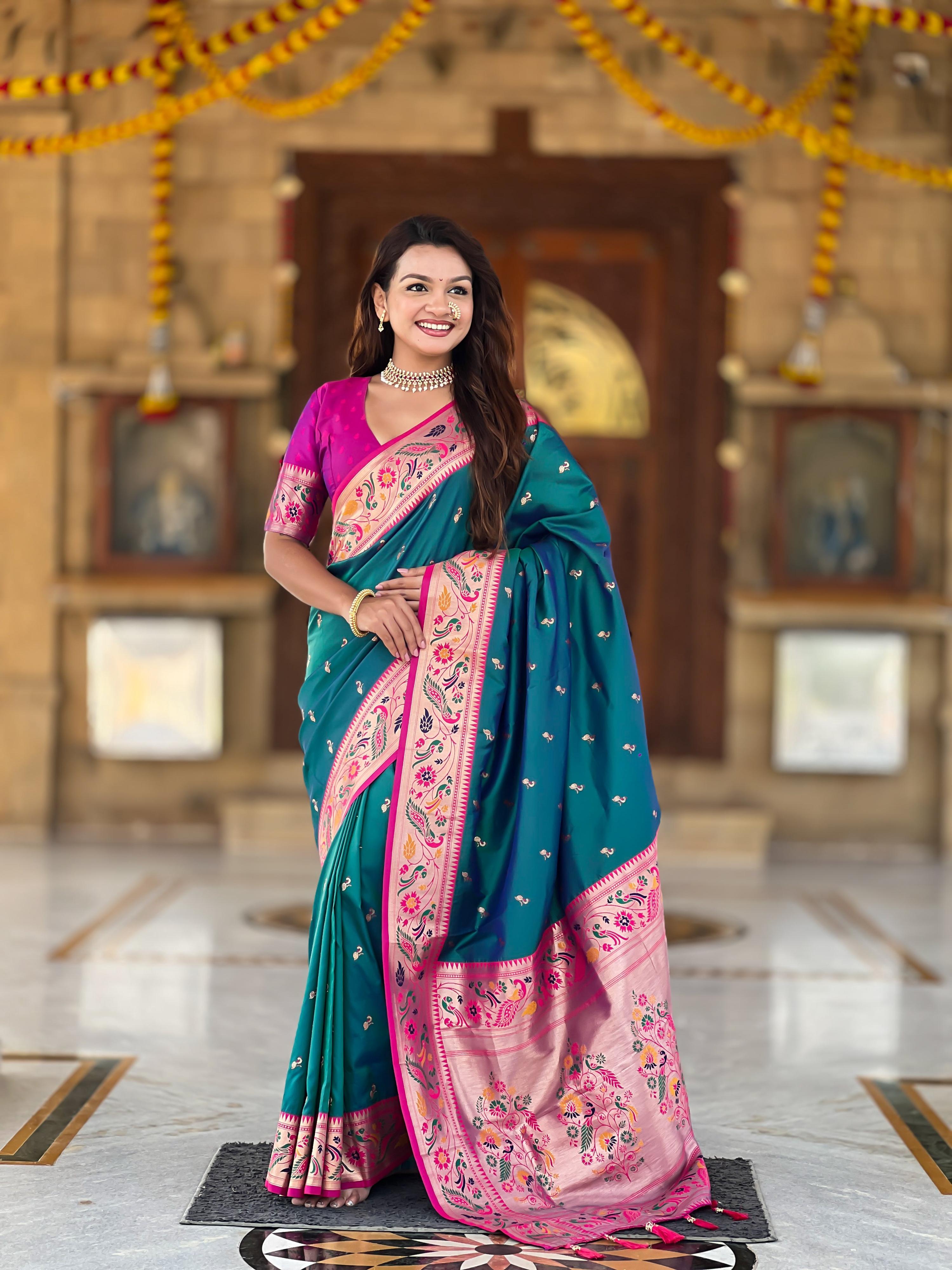 Mameraa Sarees Sky Blue Faux Banarasi Silk Saree With Paithani Rich Weaved Pallu And Blouse-Sky_Blue - Dista