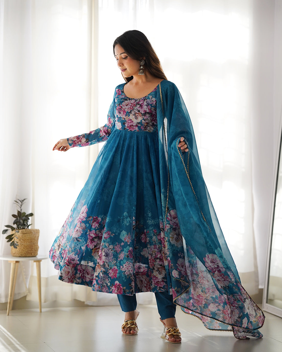 Lorenvalley Fashion Women Pure Soft Organza Silk Floral Print Fully Flair Anarkali With Pent Dupatta Set - Teal - Distacart