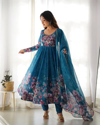 Thumbnail for Lorenvalley Fashion Women Pure Soft Organza Silk Floral Print Fully Flair Anarkali With Pent Dupatta Set - Teal