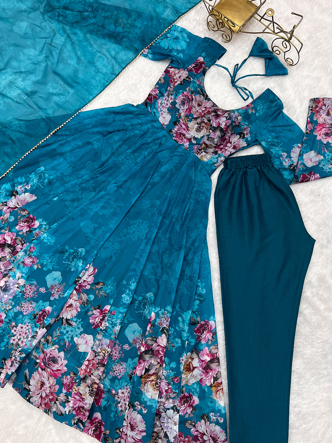 Lorenvalley Fashion Women Pure Soft Organza Silk Floral Print Fully Flair Anarkali With Pent Dupatta Set - Teal - Distacart