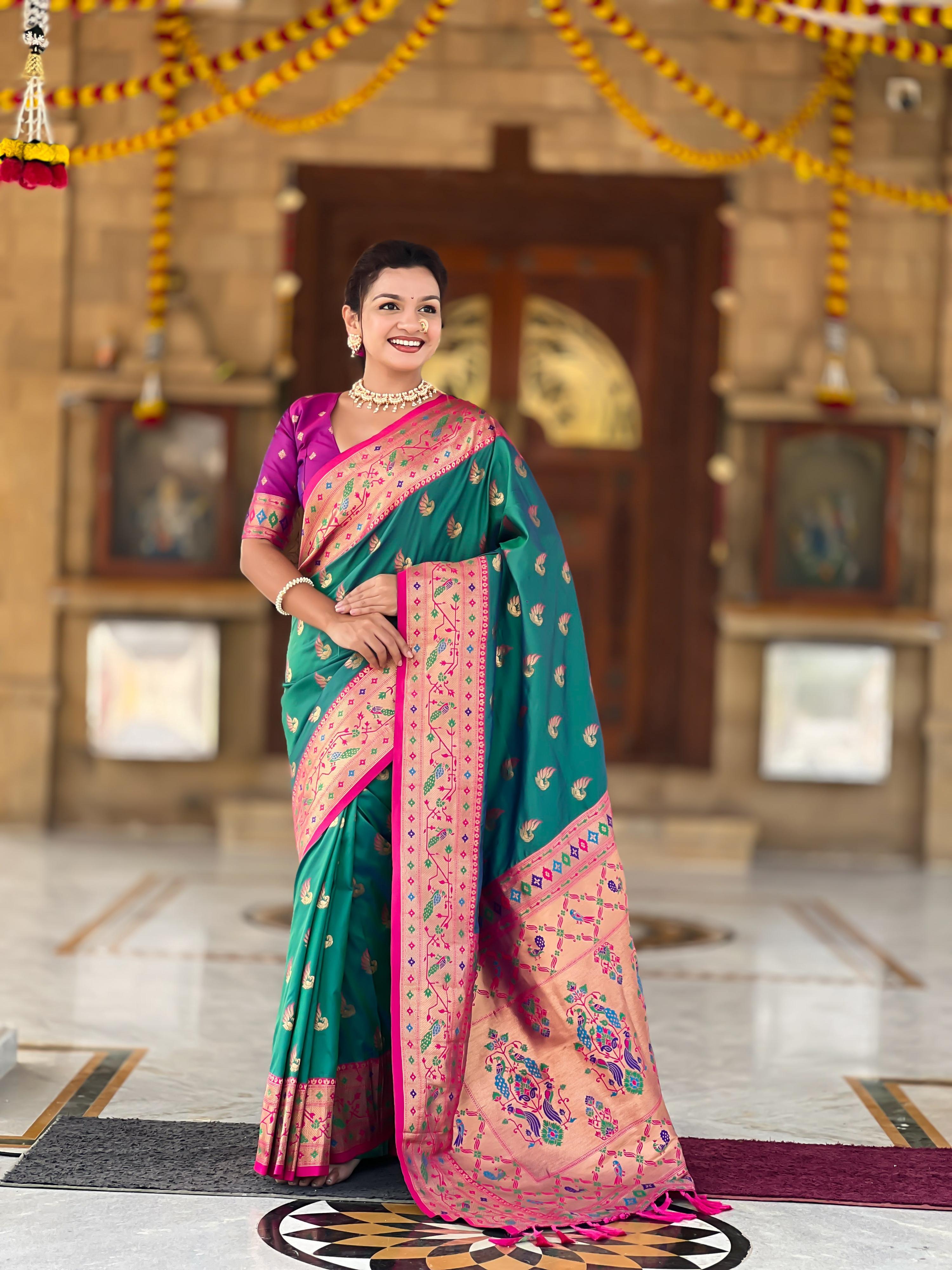 Mameraa Sarees Sea Green Faux Banarasi Silk Saree With Paithani Rich Weaved Pallu And Blouse-Sea_Green - Dista