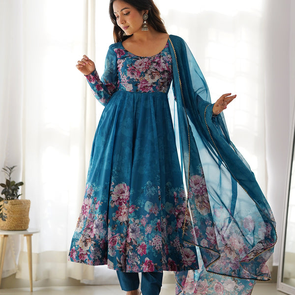 Lorenvalley Fashion Women Pure Soft Organza Silk Floral Print Fully Flair Anarkali With Pent Dupatta Set - Teal - Distacart