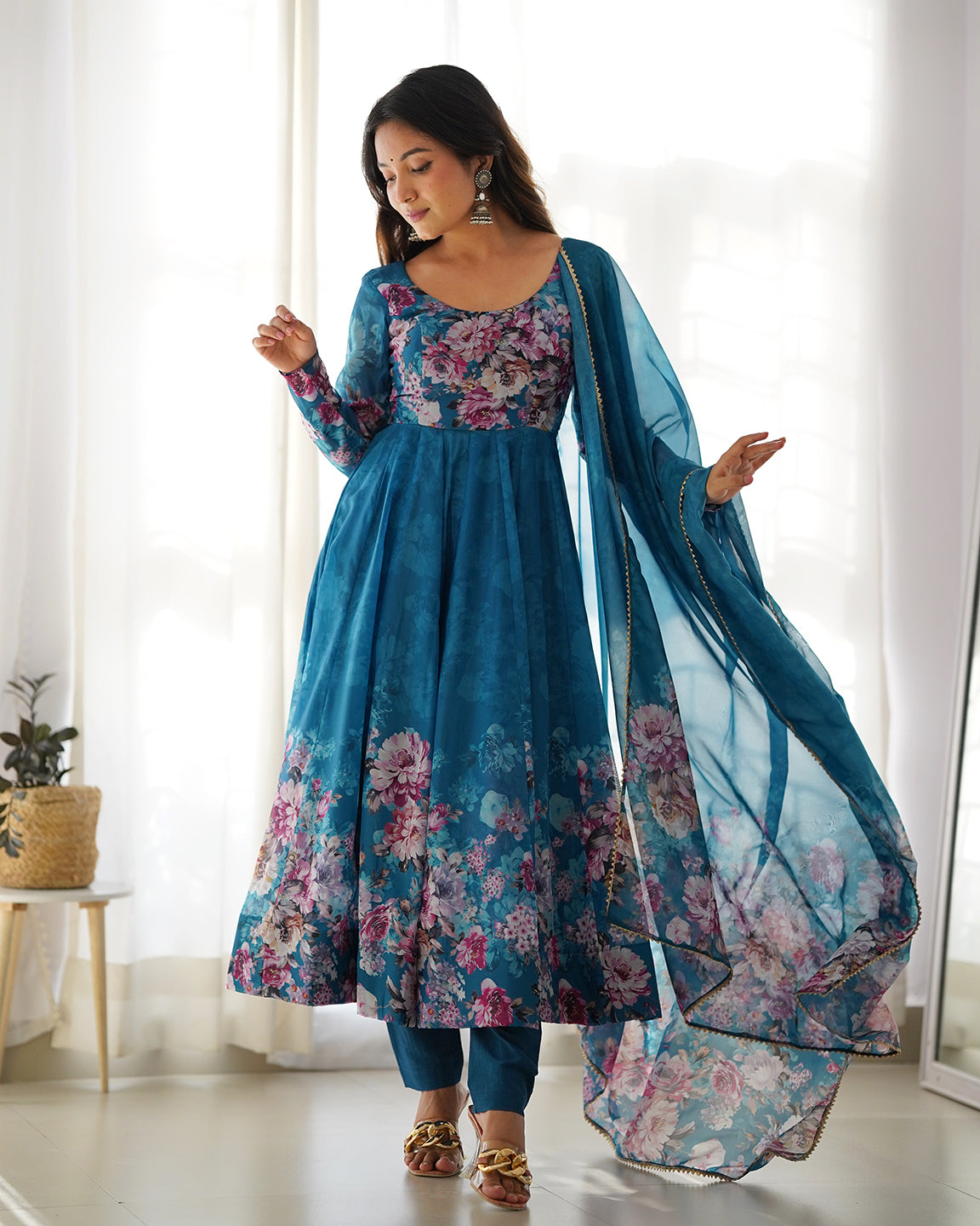 Lorenvalley Fashion Women Pure Soft Organza Silk Floral Print Fully Flair Anarkali With Pent Dupatta Set - Teal - Distacart