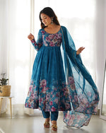 Thumbnail for Lorenvalley Fashion Women Pure Soft Organza Silk Floral Print Fully Flair Anarkali With Pent Dupatta Set - Teal - Distacart