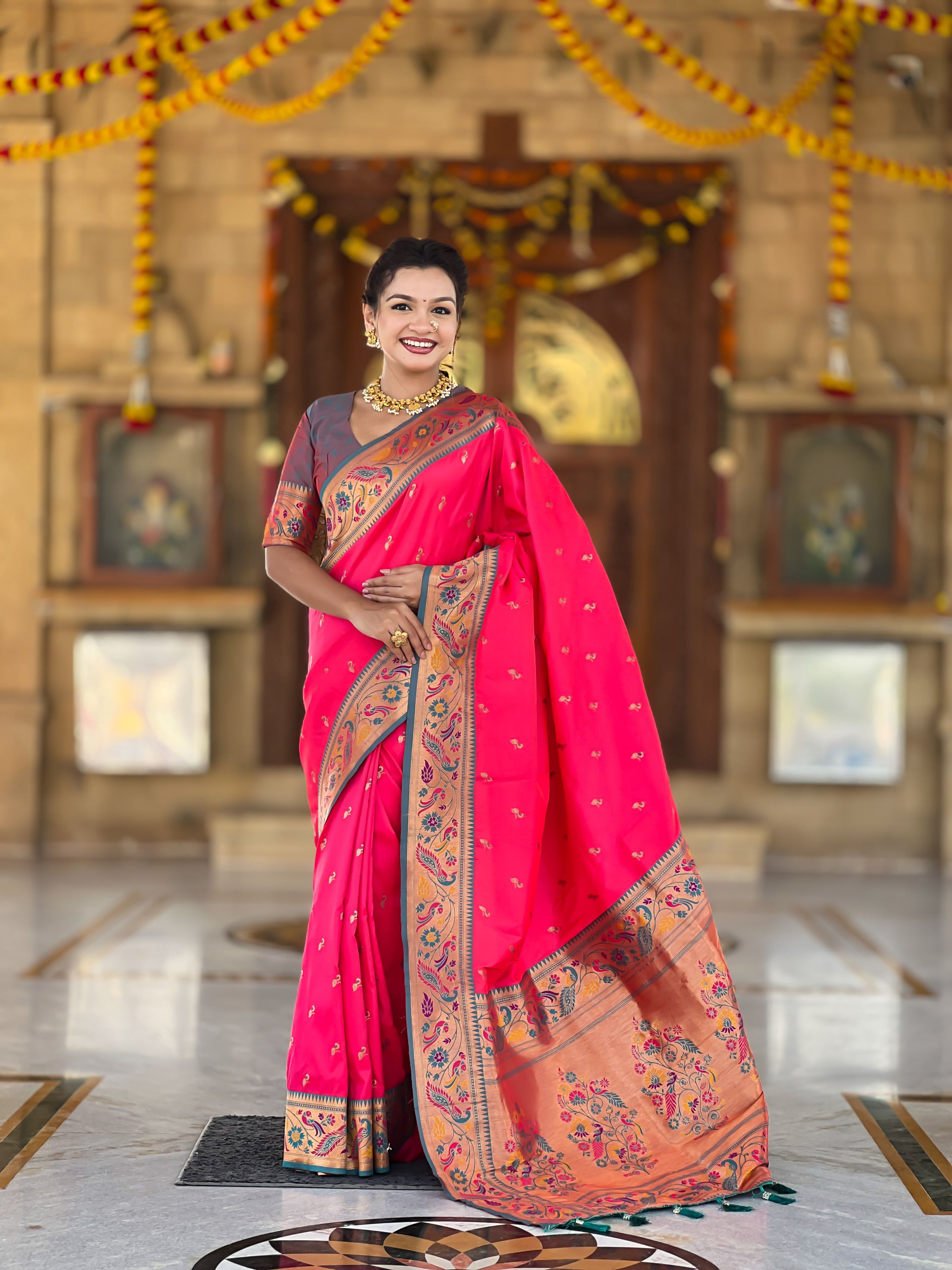 Mameraa Sarees Pink Green Faux Banarasi Silk Saree With Paithani Rich Weaved Pallu And Blouse-Pink - Dista