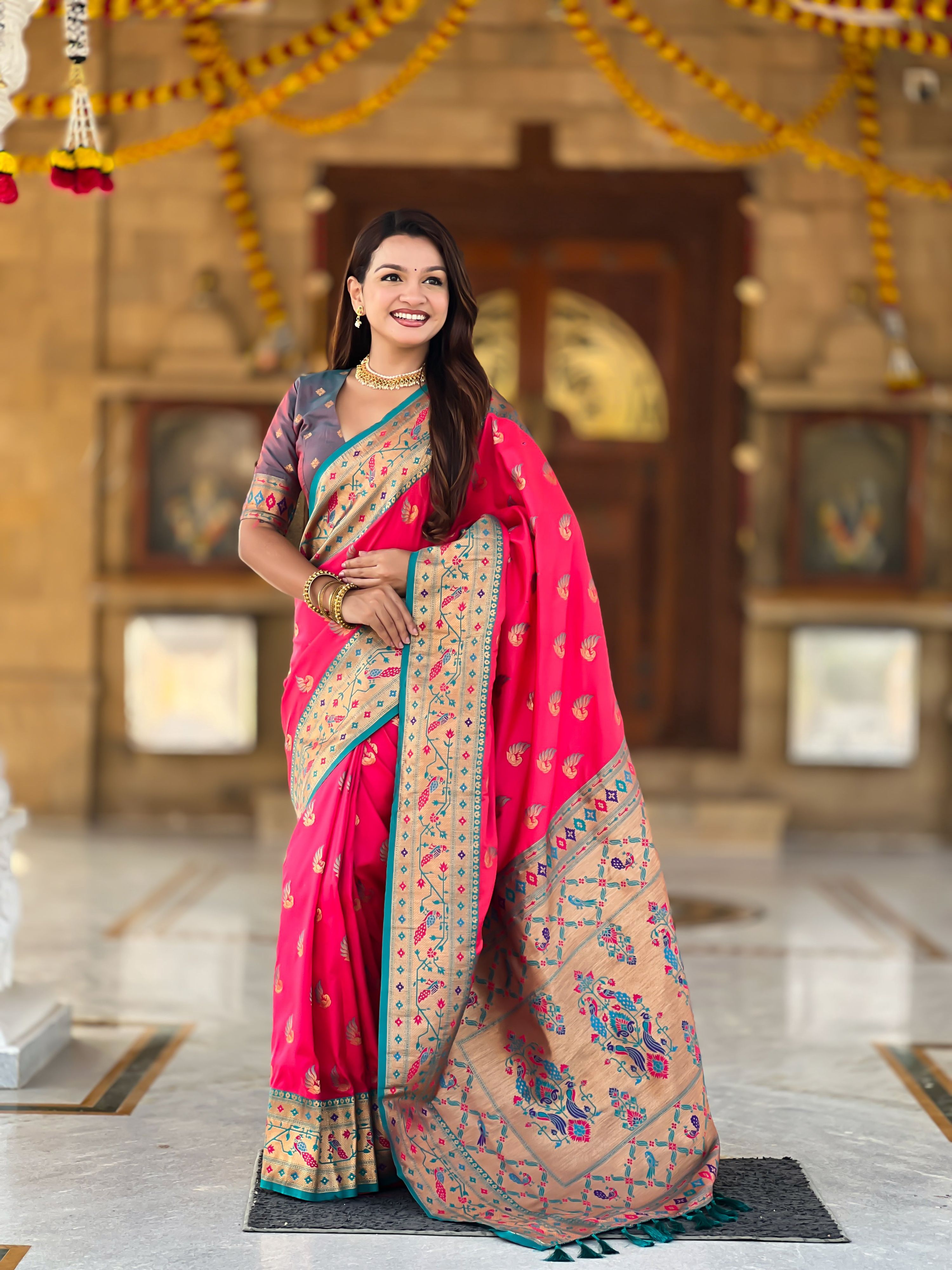 Mameraa Sarees Pink Green Faux Banarasi Silk Saree With Paithani Rich Weaved Pallu And Blouse-Pink - Dista