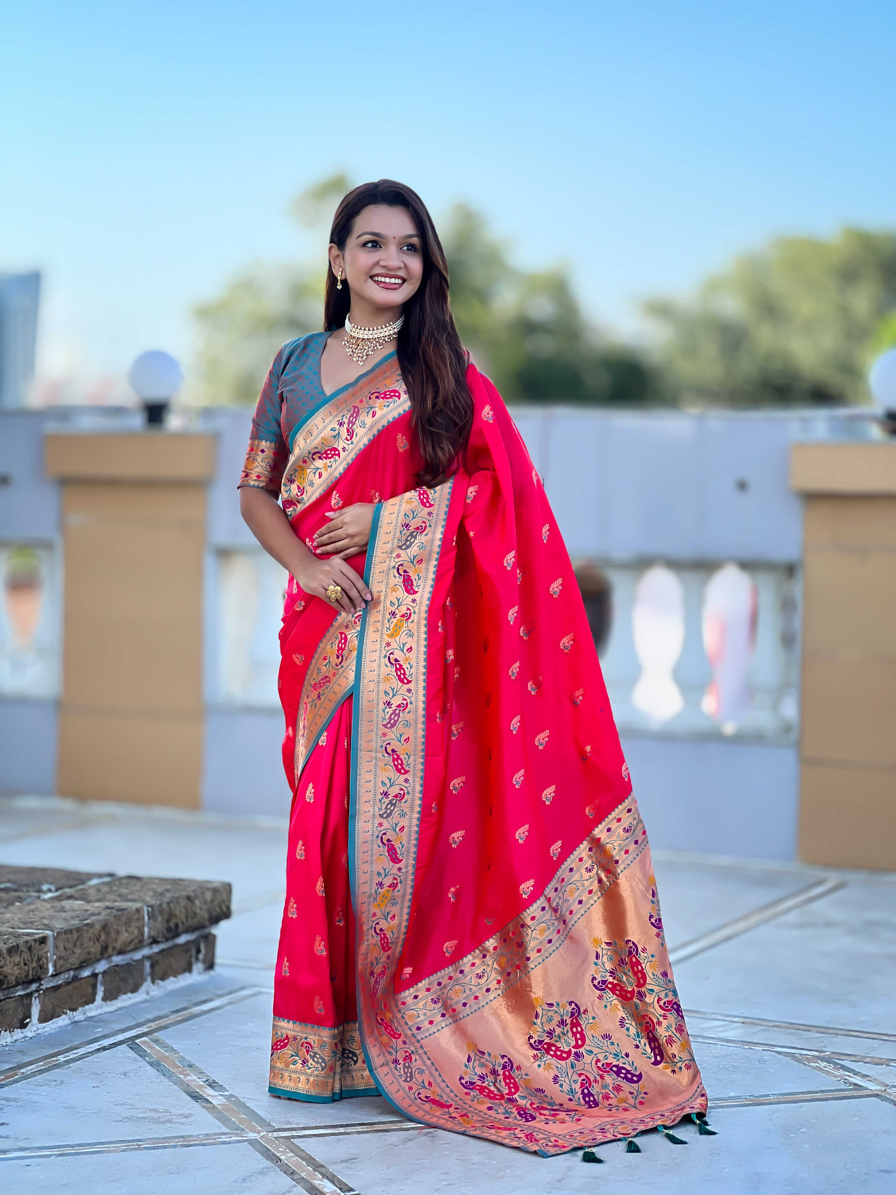 Mameraa Sarees Pink Green Faux Banarasi Silk Saree With Paithani Rich Weaved Pallu And Blouse-Pink - Dista