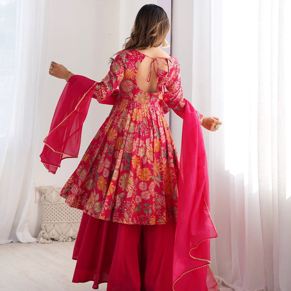 Evanik Rani Pink Pure Romance Silk With Print Kediya With Palazzo Suit
