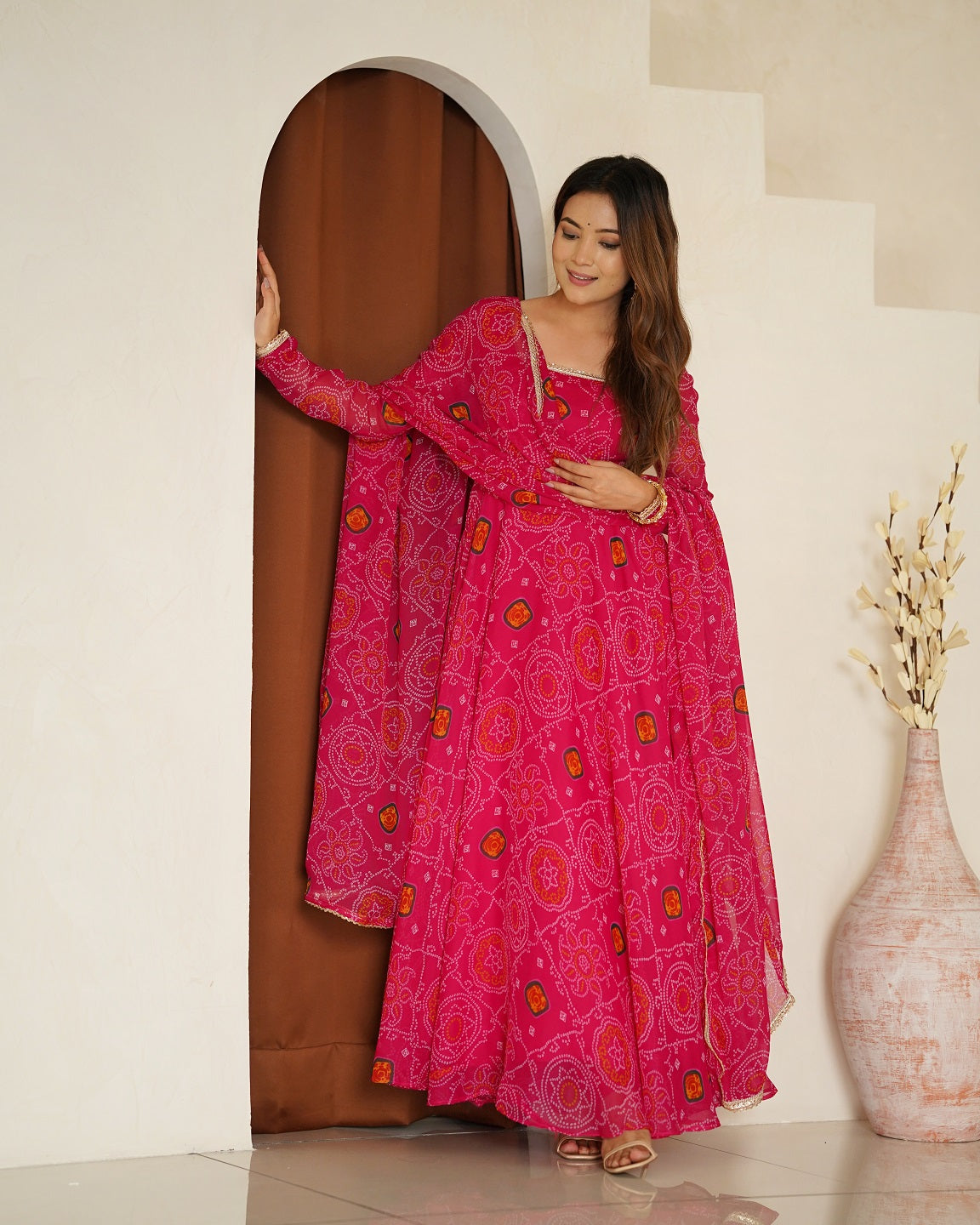 Evanik Rani Pink Pure Lightweight Chiffon Bandhej Design Anarkali Pant With Dupatta
