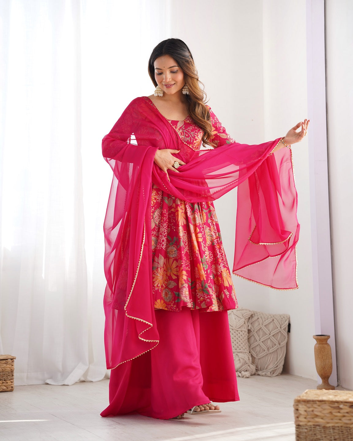 Evanik Rani Pink Pure Romance Silk With Print Kediya With Palazzo Suit