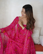 Thumbnail for Evanik Rani Pink Pure Lightweight Chiffon Bandhej Design Anarkali Pant With Dupatta
