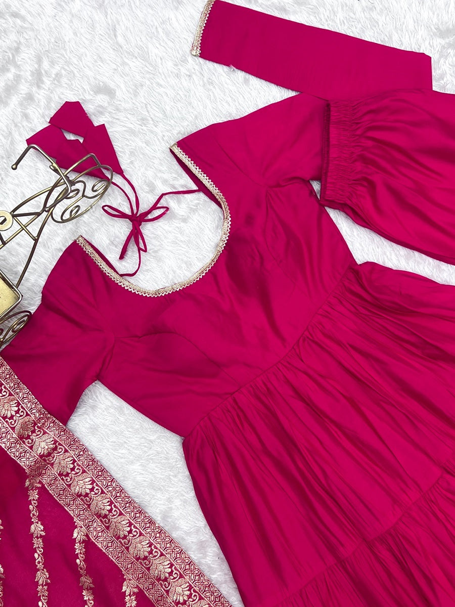 Evanik Rani Pink Pure Roman Silk Chanderi With Fully Flair Anarkali Pant With Dupatta