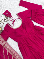 Thumbnail for Evanik Rani Pink Pure Roman Silk Chanderi With Fully Flair Anarkali Pant With Dupatta