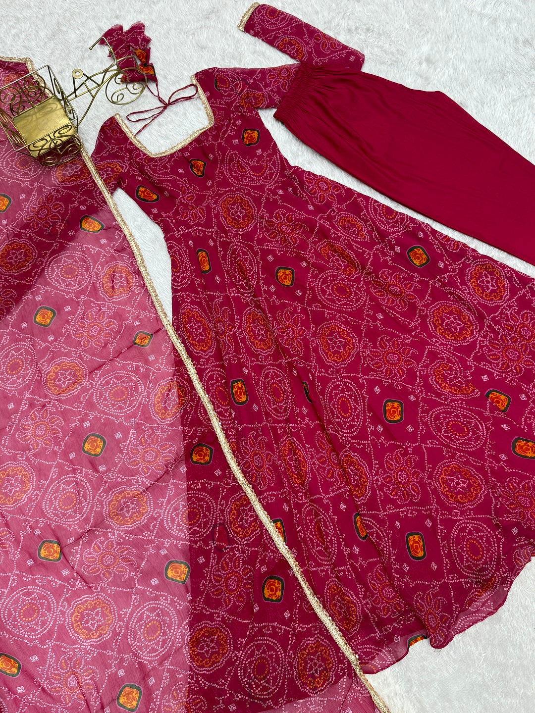 Evanik Rani Pink Pure Lightweight Chiffon Bandhej Design Anarkali Pant With Dupatta