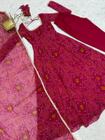 Thumbnail for Evanik Rani Pink Pure Lightweight Chiffon Bandhej Design Anarkali Pant With Dupatta