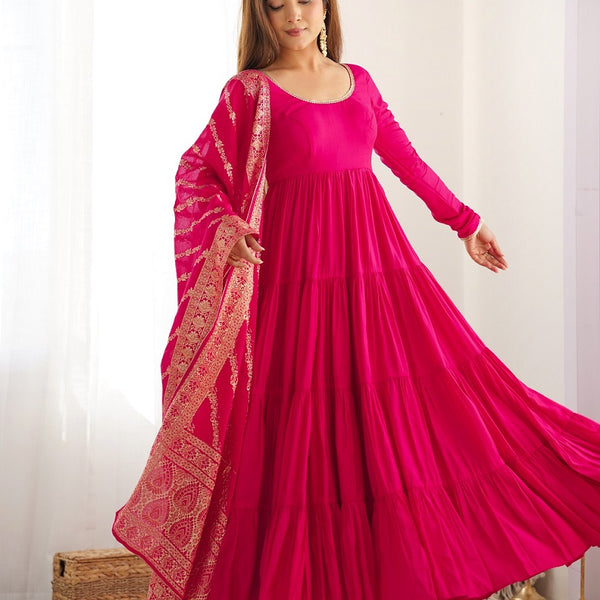 Evanik Rani Pink Pure Roman Silk Chanderi With Fully Flair Anarkali Pant With Dupatta