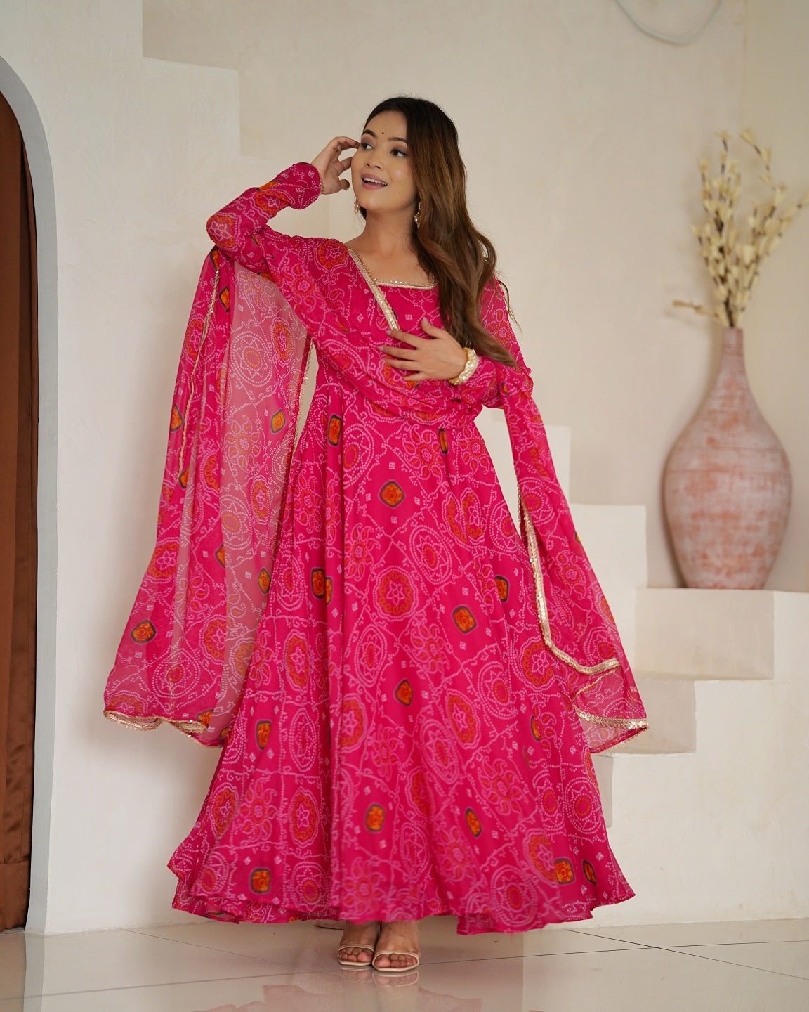 Evanik Rani Pink Pure Lightweight Chiffon Bandhej Design Anarkali Pant With Dupatta