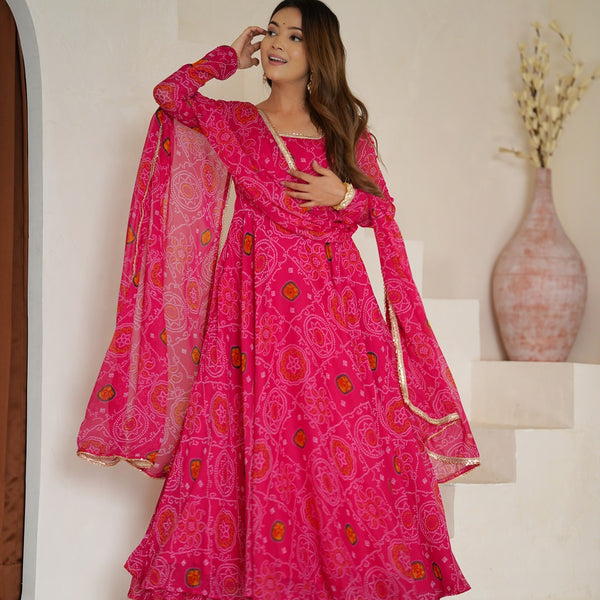 Evanik Rani Pink Pure Lightweight Chiffon Bandhej Design Anarkali Pant With Dupatta