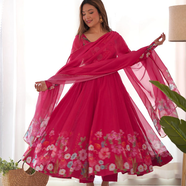 Evanik Rani Pink Soft Organza Silk With Floral Print Fully Flared Anarkali Pant With Dupatta Set