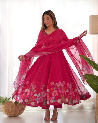 Evanik Rani Pink Soft Organza Silk With Floral Print Fully Flared Anarkali Pant With Dupatta Set