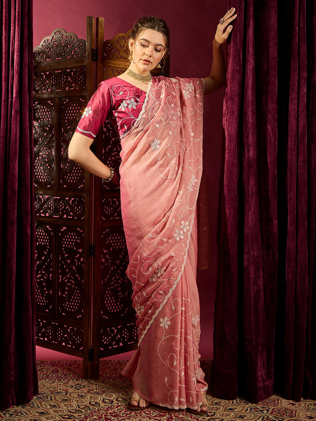NOZ2TOZ Women's Chiffon Peach Embroidered Designer Saree With Blouse Piece - Distacart