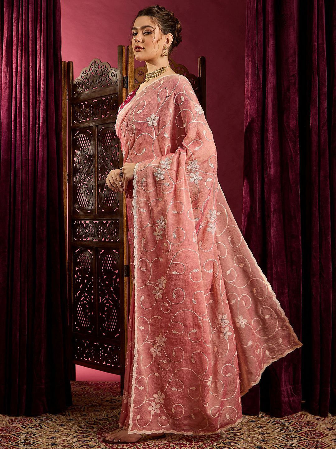 NOZ2TOZ Women's Chiffon Peach Embroidered Designer Saree With Blouse Piece - Distacart