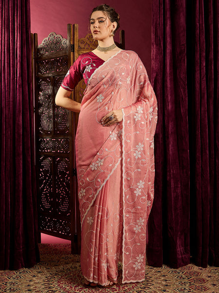NOZ2TOZ Women's Chiffon Peach Embroidered Designer Saree With Blouse Piece - Distacart