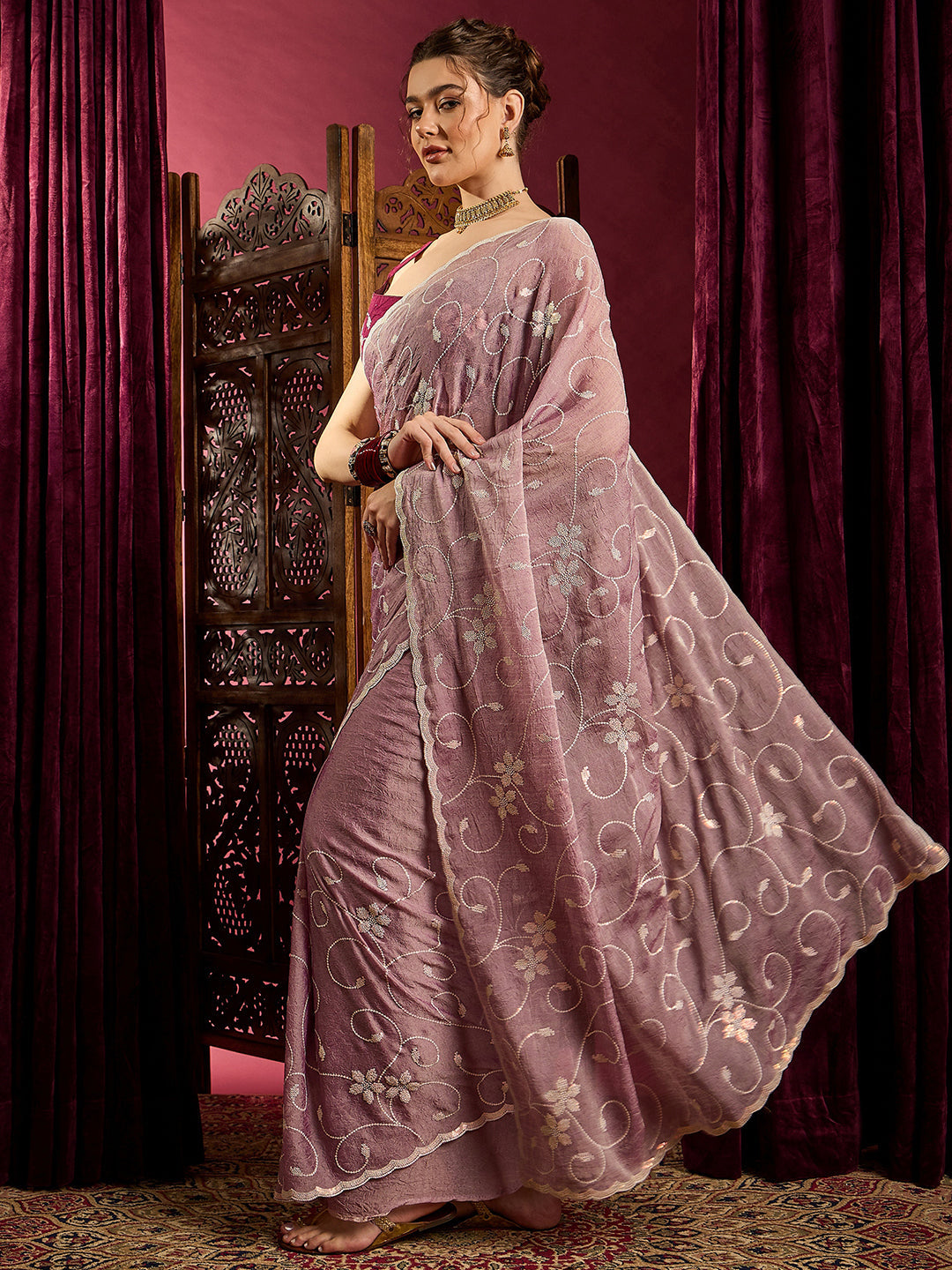 NOZ2TOZ Women's Chiffon Lavender Embroidered Designer Saree With Blouse Piece - Distacart