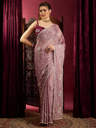 NOZ2TOZ Women's Chiffon Lavender Embroidered Designer Saree With Blouse Piece - Distacart