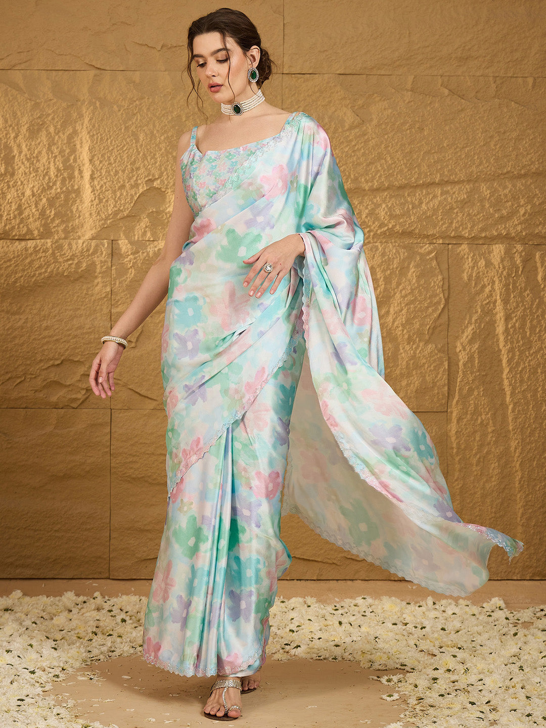 NOZ2TOZ Women's Satin Silk Light Blue Embellished Designer Saree With Blouse Piece - Distacart