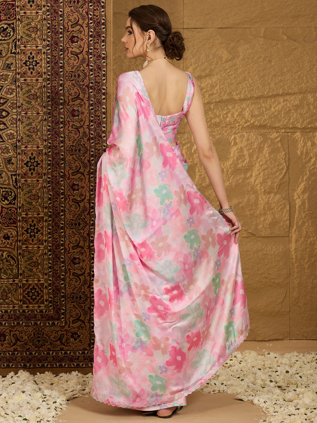 NOZ2TOZ Women's Satin Silk Pink Embellished Designer Saree With Blouse Piece - Distacart