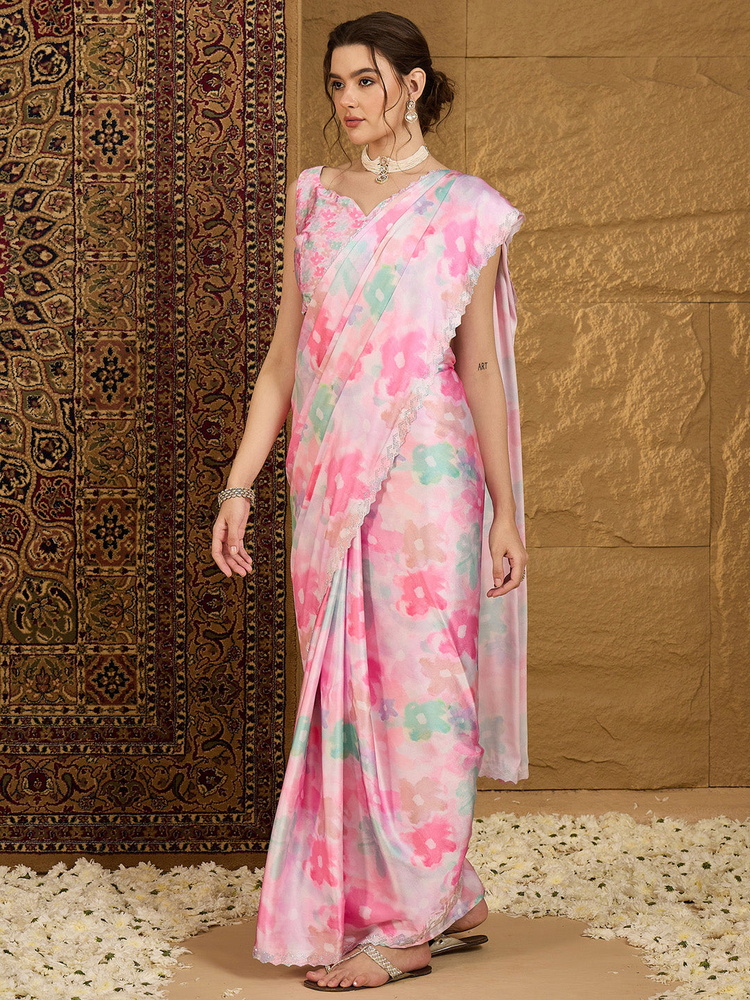 NOZ2TOZ Women's Satin Silk Pink Embellished Designer Saree With Blouse Piece - Distacart