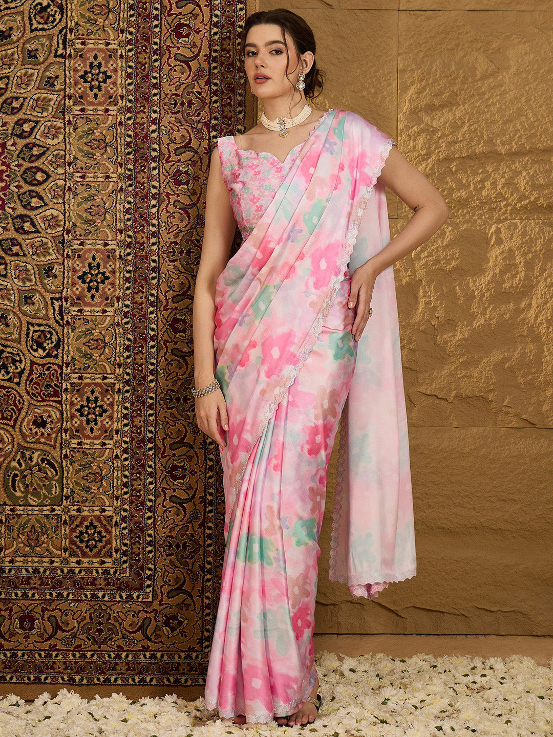 NOZ2TOZ Women's Satin Silk Pink Embellished Designer Saree With Blouse Piece - Distacart