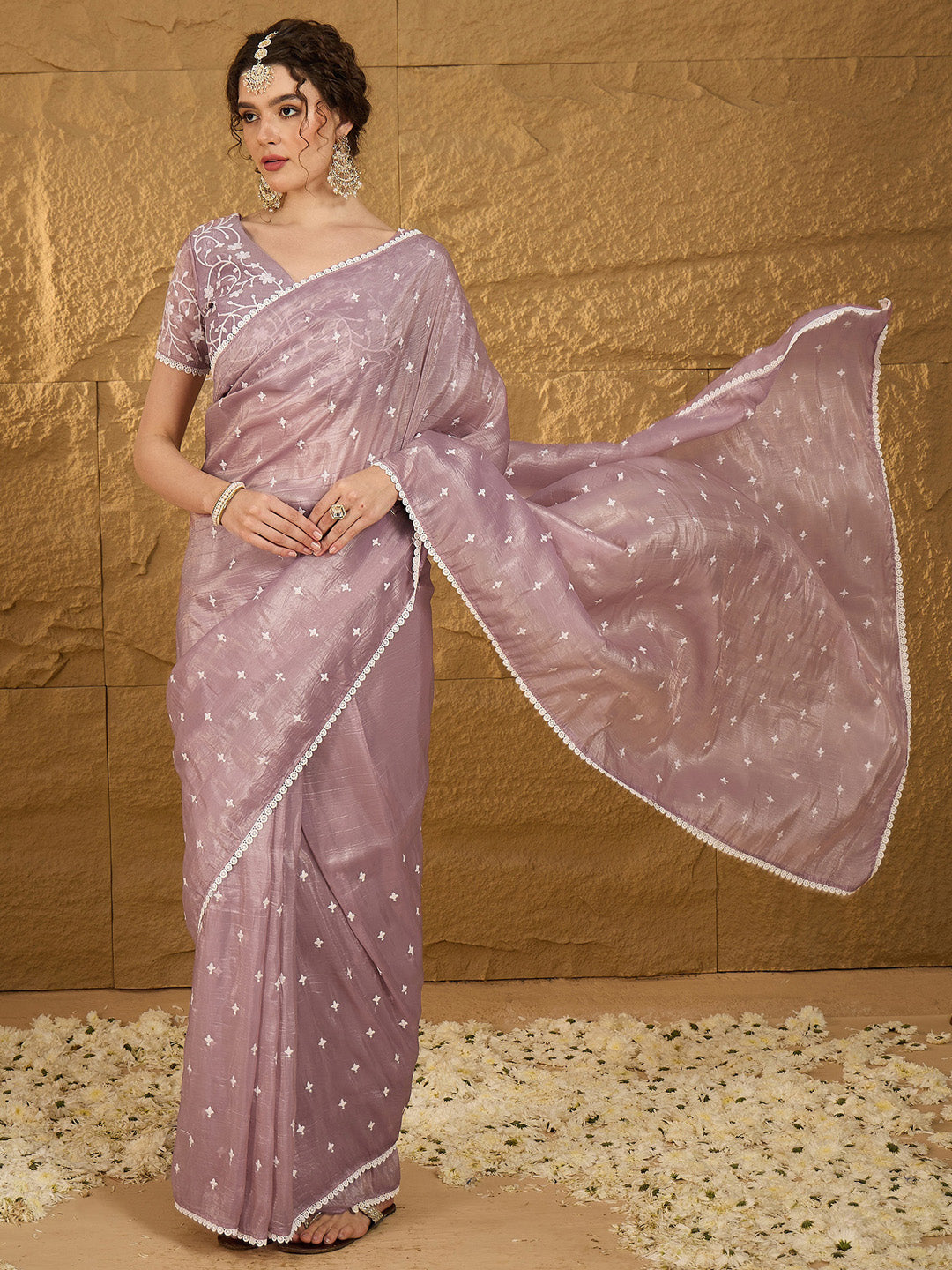 NOZ2TOZ Women's Pure Chiffon Lavender Embellished Designer Saree With Blouse Piece - Distacart