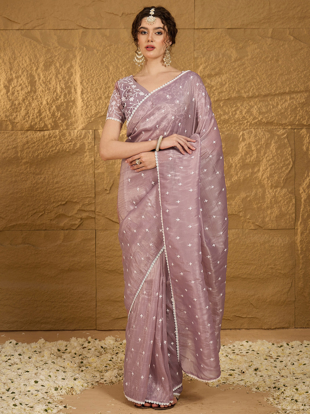 NOZ2TOZ Women's Pure Chiffon Lavender Embellished Designer Saree With Blouse Piece - Distacart