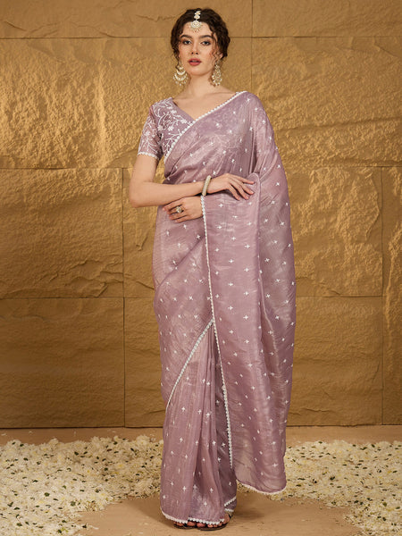 NOZ2TOZ Women's Pure Chiffon Lavender Embellished Designer Saree With Blouse Piece - Distacart