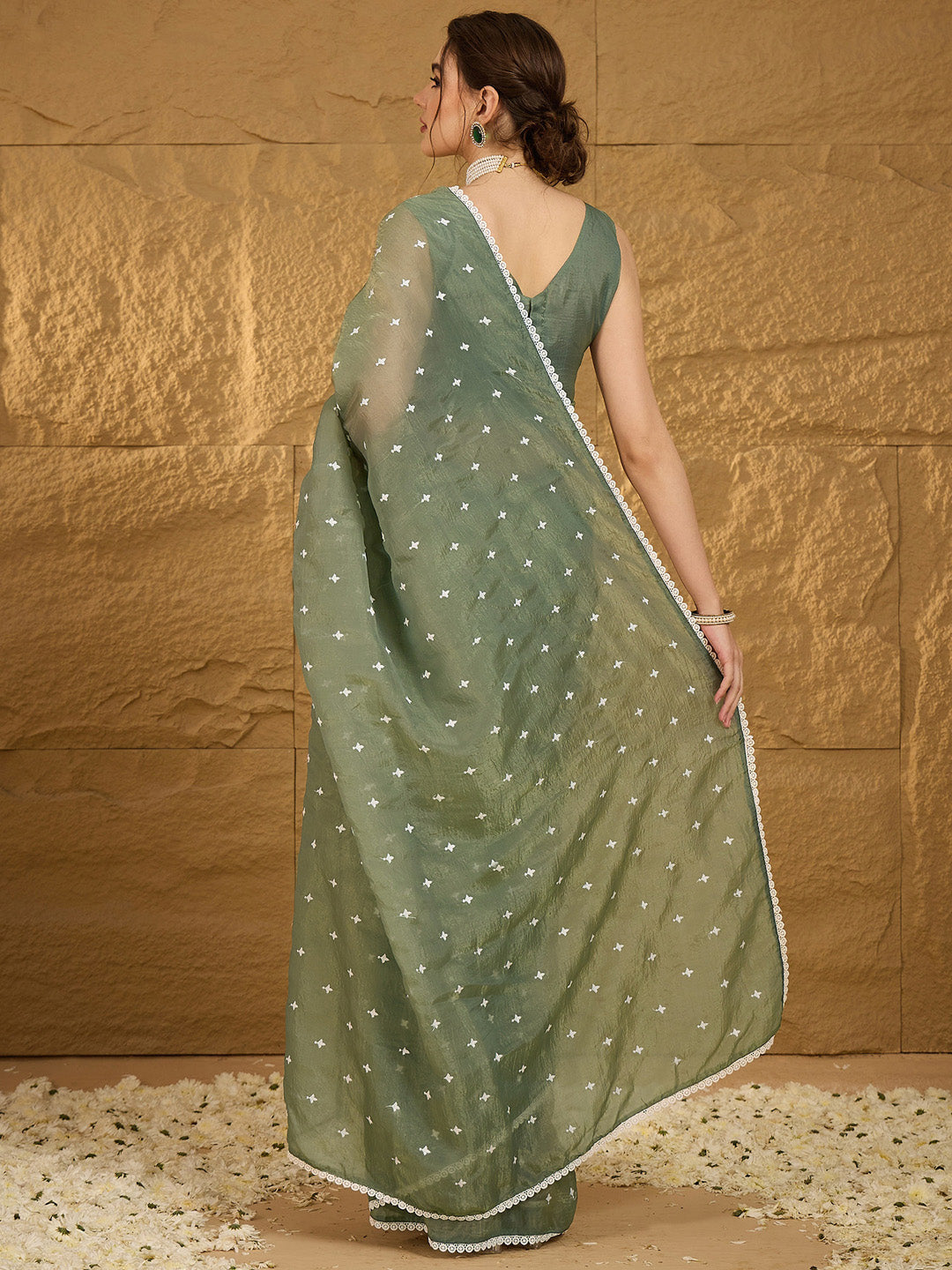 NOZ2TOZ Women's Pure Chiffon Sea Green Embellished Designer Saree With Blouse Piece - Distacart