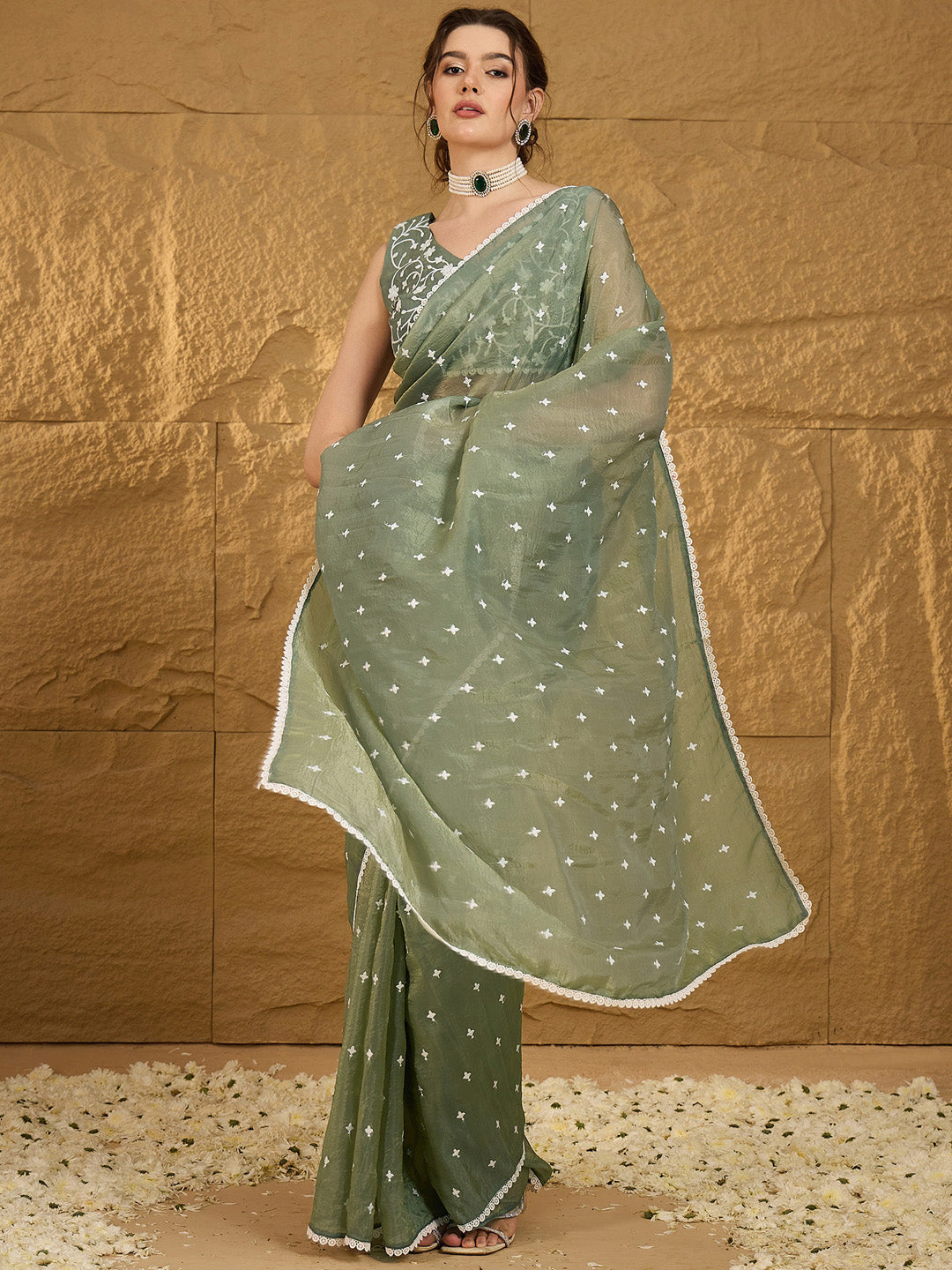 NOZ2TOZ Women's Pure Chiffon Sea Green Embellished Designer Saree With Blouse Piece - Distacart