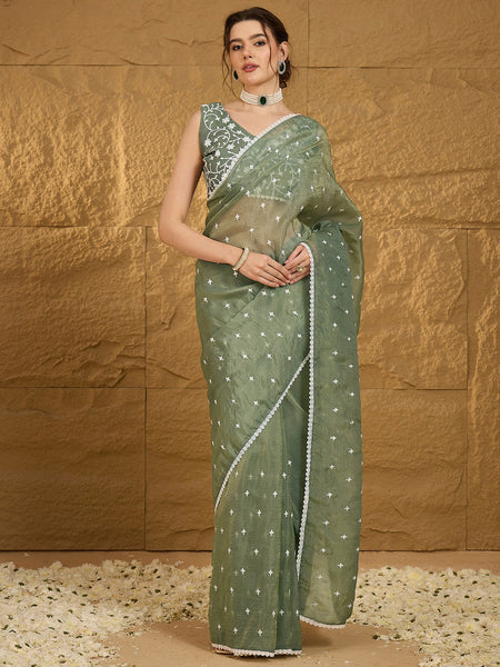 NOZ2TOZ Women's Pure Chiffon Sea Green Embellished Designer Saree With Blouse Piece - Distacart