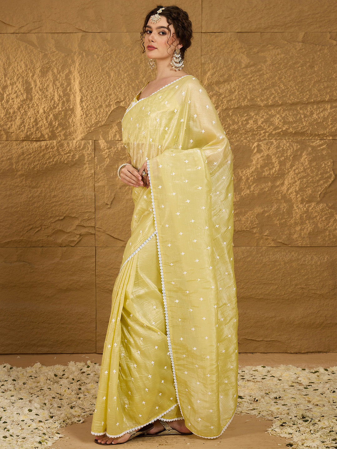 NOZ2TOZ Women's Pure Chiffon Yellow Embellished Designer Saree With Blouse Piece - Distacart