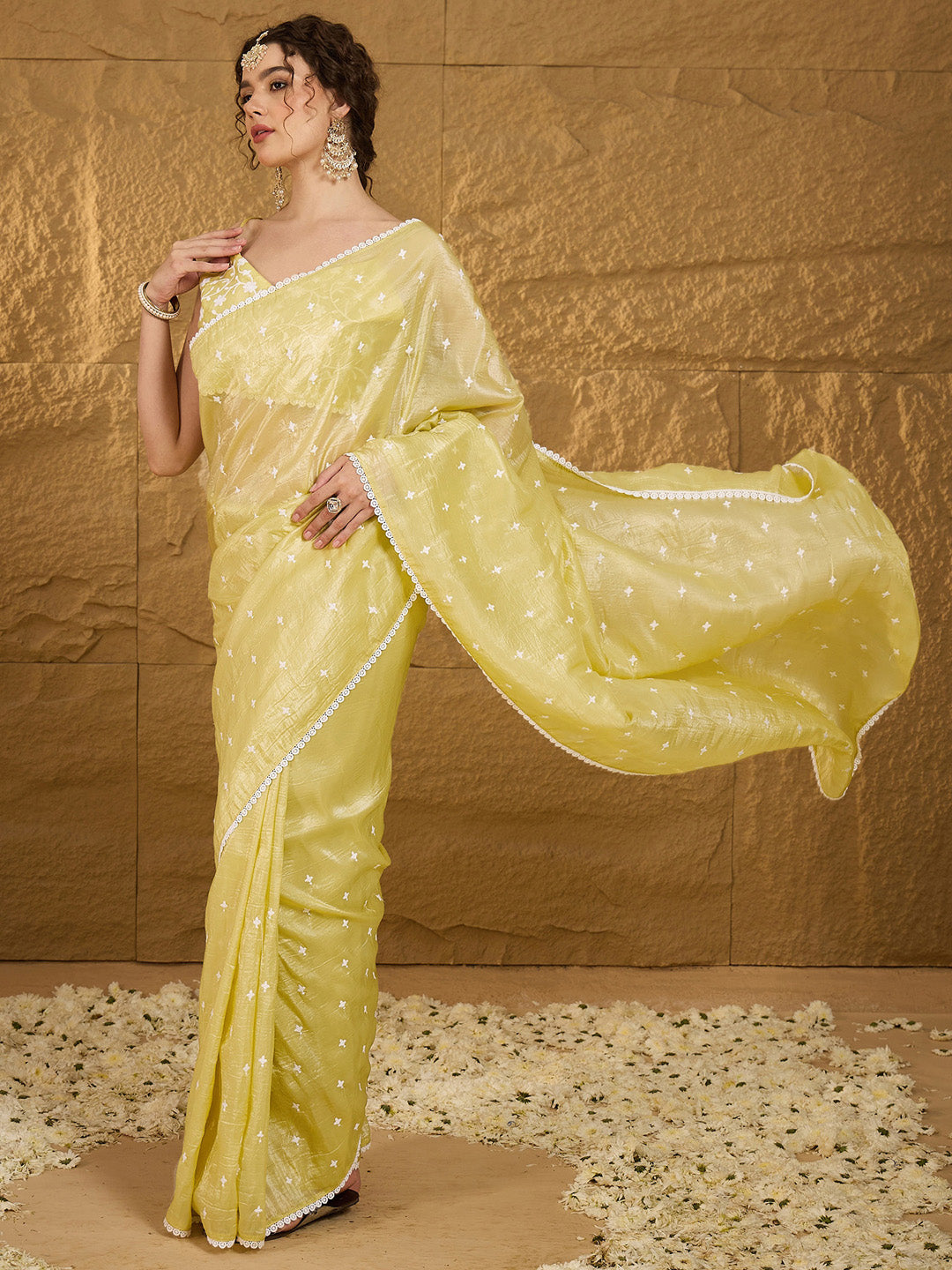 NOZ2TOZ Women's Pure Chiffon Yellow Embellished Designer Saree With Blouse Piece - Distacart