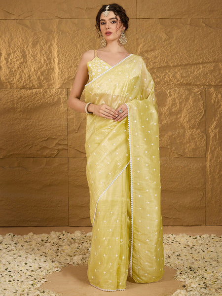 NOZ2TOZ Women's Pure Chiffon Yellow Embellished Designer Saree With Blouse Piece - Distacart