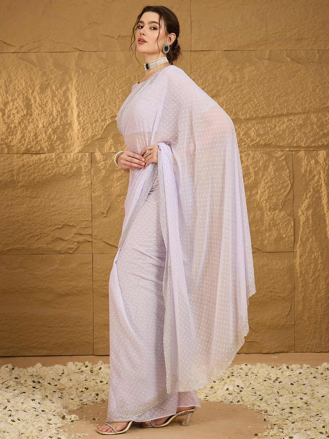 NOZ2TOZ Women's Chiffon Lavender Embellished Designer Saree With Blouse Piece - Distacart