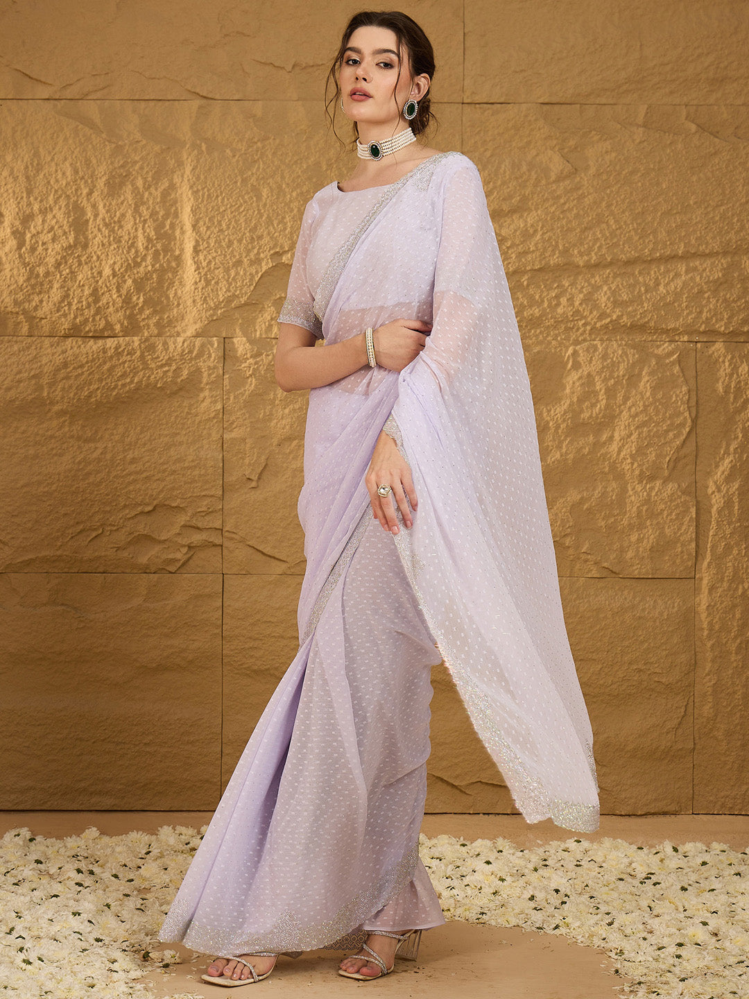 NOZ2TOZ Women's Chiffon Lavender Embellished Designer Saree With Blouse Piece - Distacart