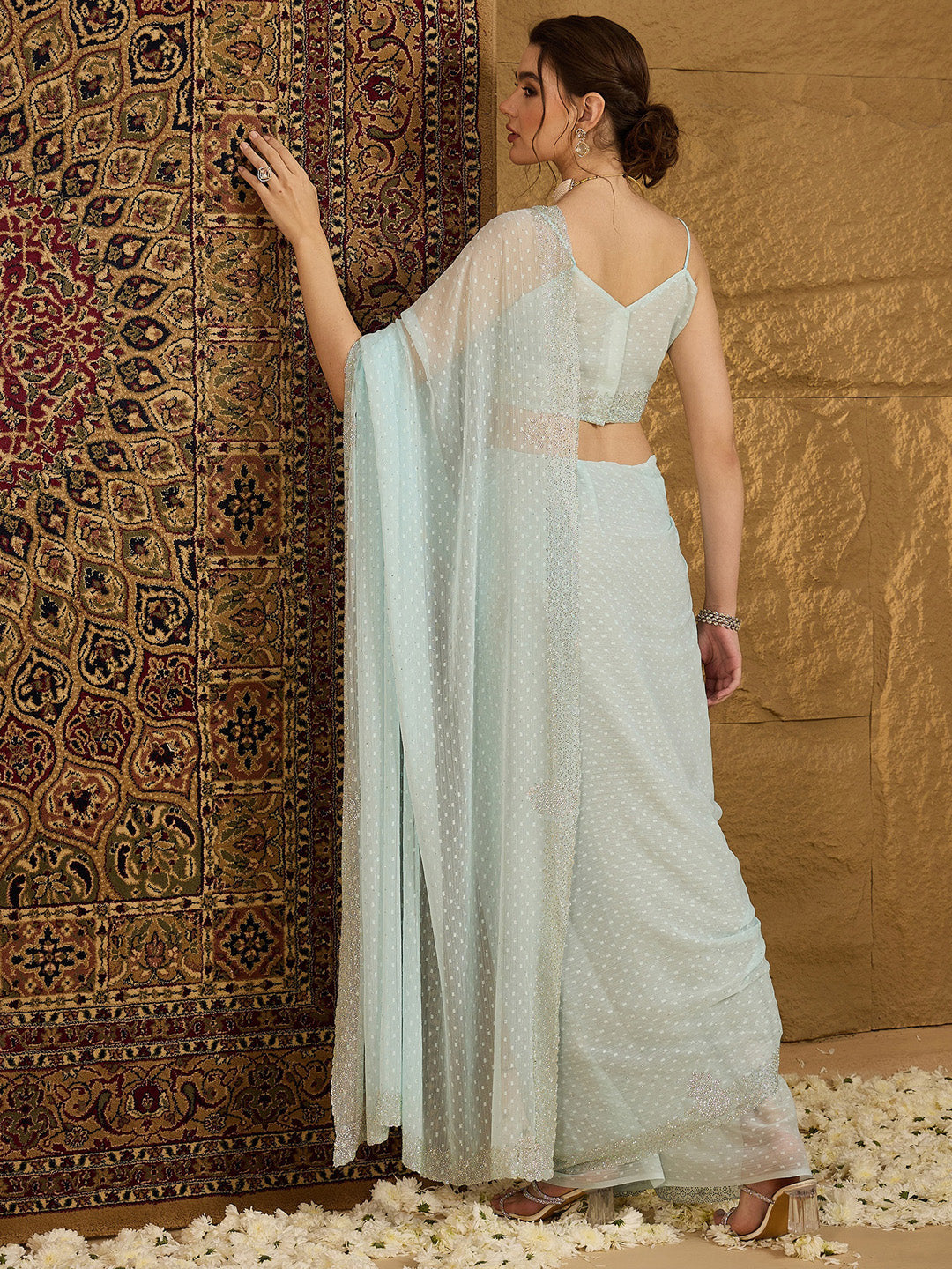 NOZ2TOZ Women's Chiffon Light Blue Embellished Designer Saree With Blouse Piece - Distacart