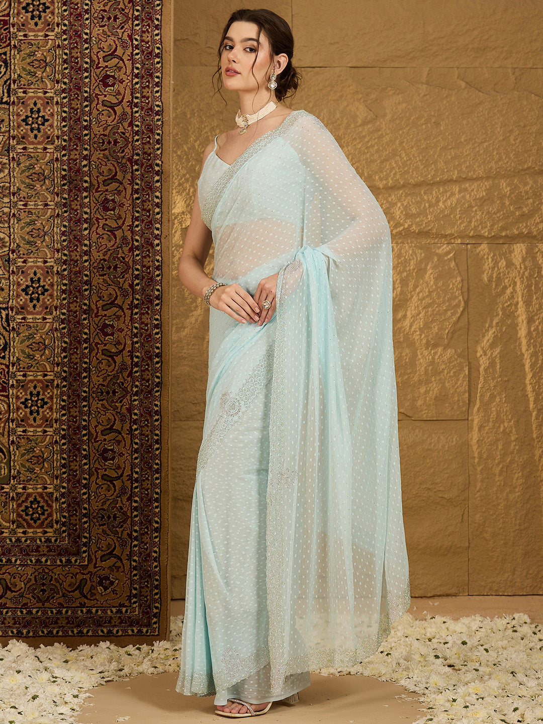 NOZ2TOZ Women's Chiffon Light Blue Embellished Designer Saree With Blouse Piece - Distacart