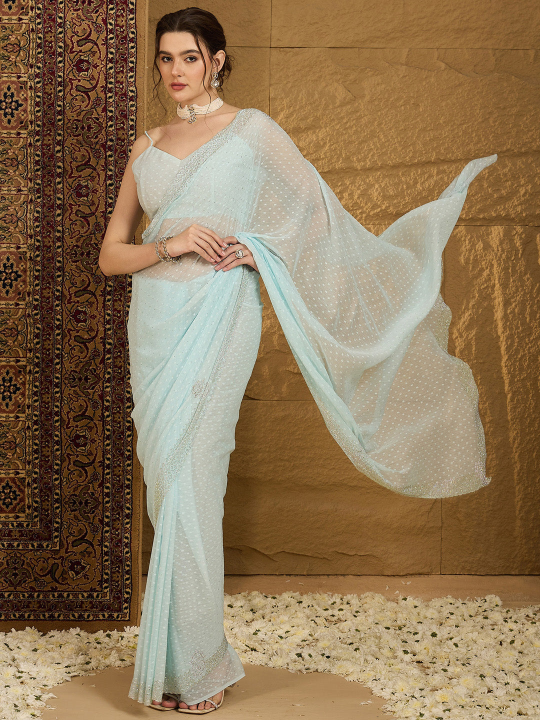 NOZ2TOZ Women's Chiffon Light Blue Embellished Designer Saree With Blouse Piece - Distacart