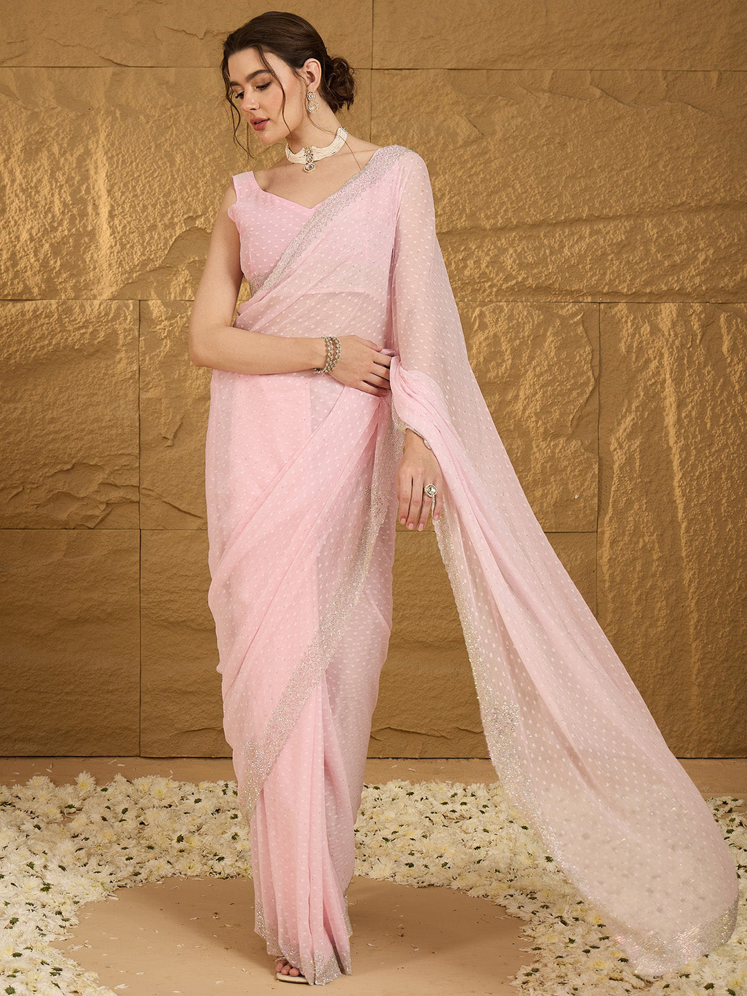 NOZ2TOZ Women's Chiffon Pink Embellished Designer Saree With Blouse Piece - Distacart