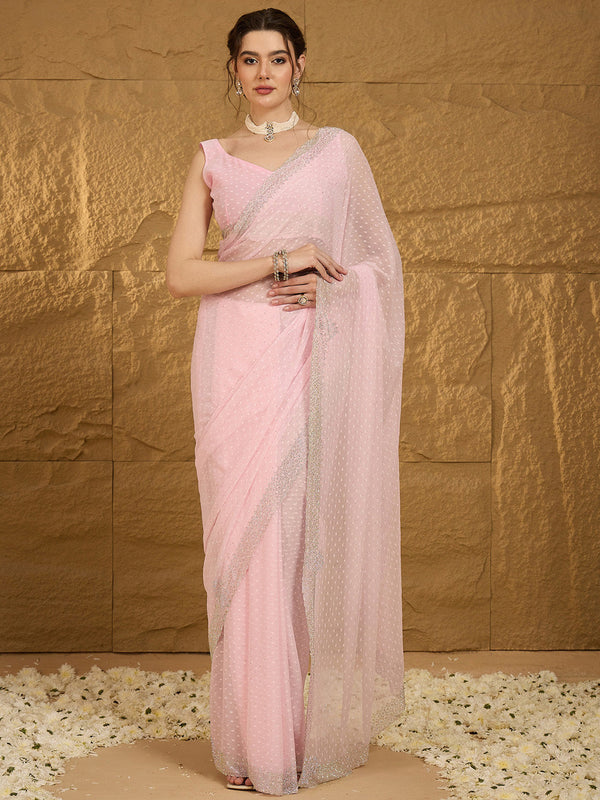 NOZ2TOZ Women's Chiffon Pink Embellished Designer Saree With Blouse Piece - Distacart